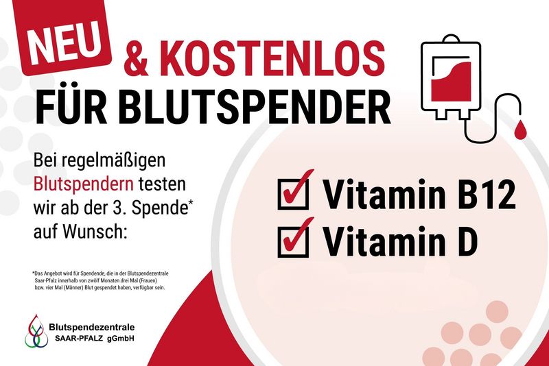 Eine Grafik: Neu für regelmäßige Blutspender testen wir Vitamin B12, Vitamin D und den Troponin-Wert